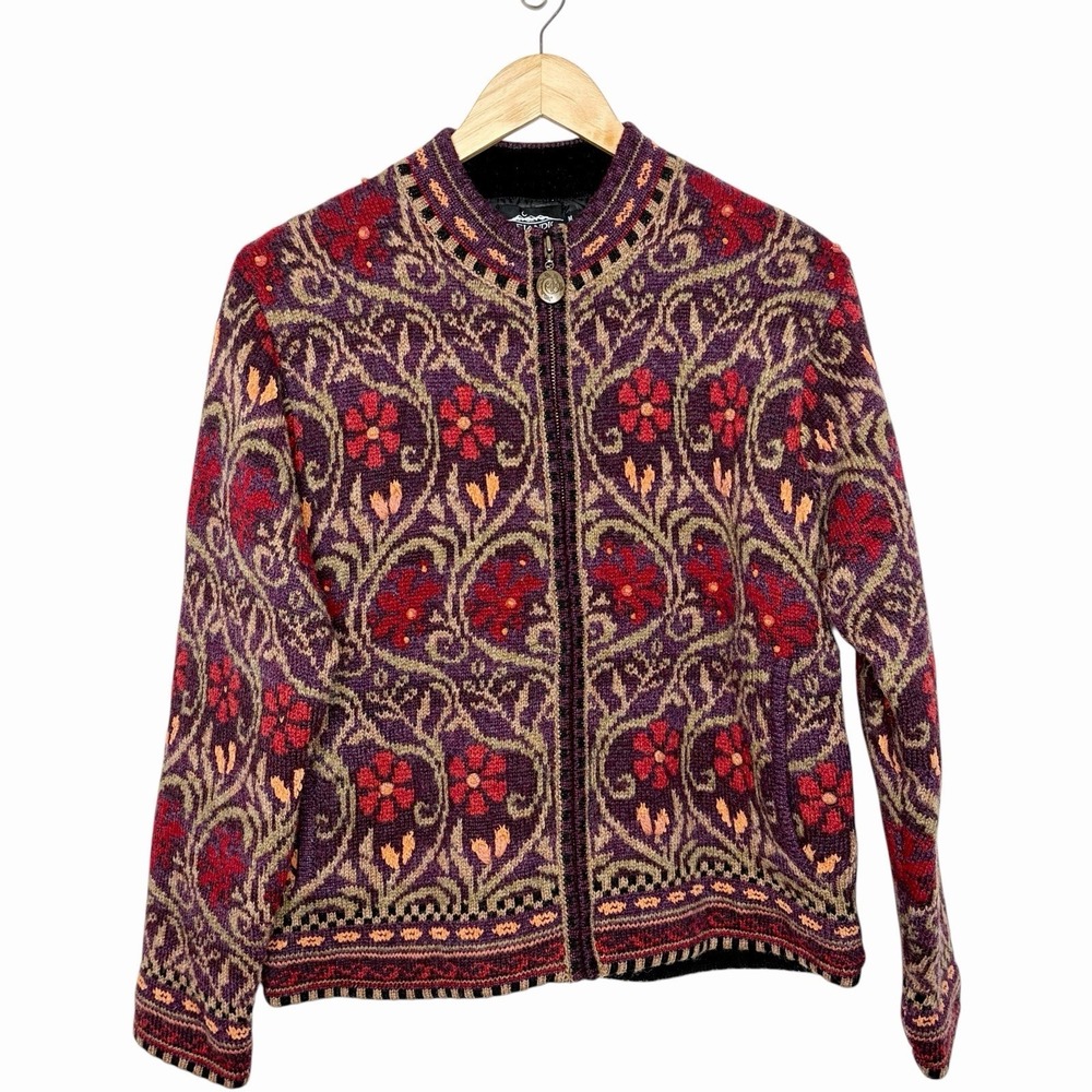 Icelandic Design Floral Fair Isle Cardigan Jacket Womens Sz M Indie Artsy Boho